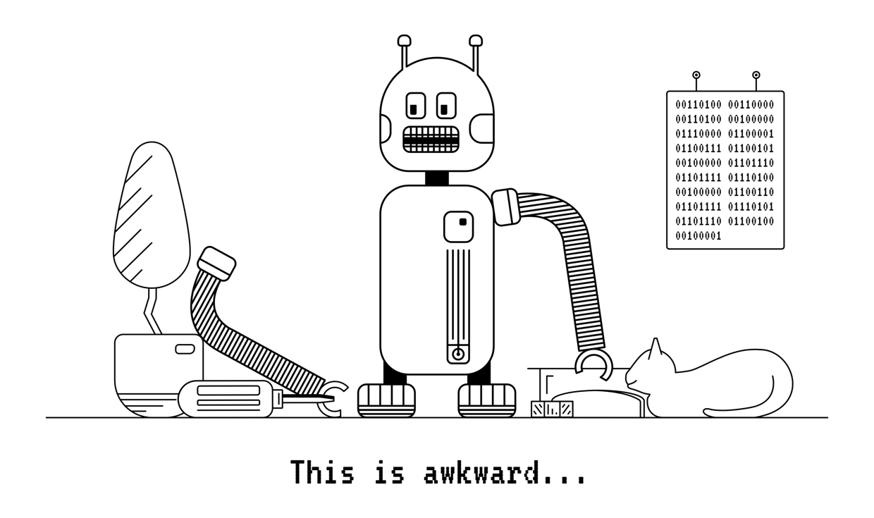 Black and white line drawing of a broken robot standing beside a cat. The words 'This is awkward...' are at the bottom.